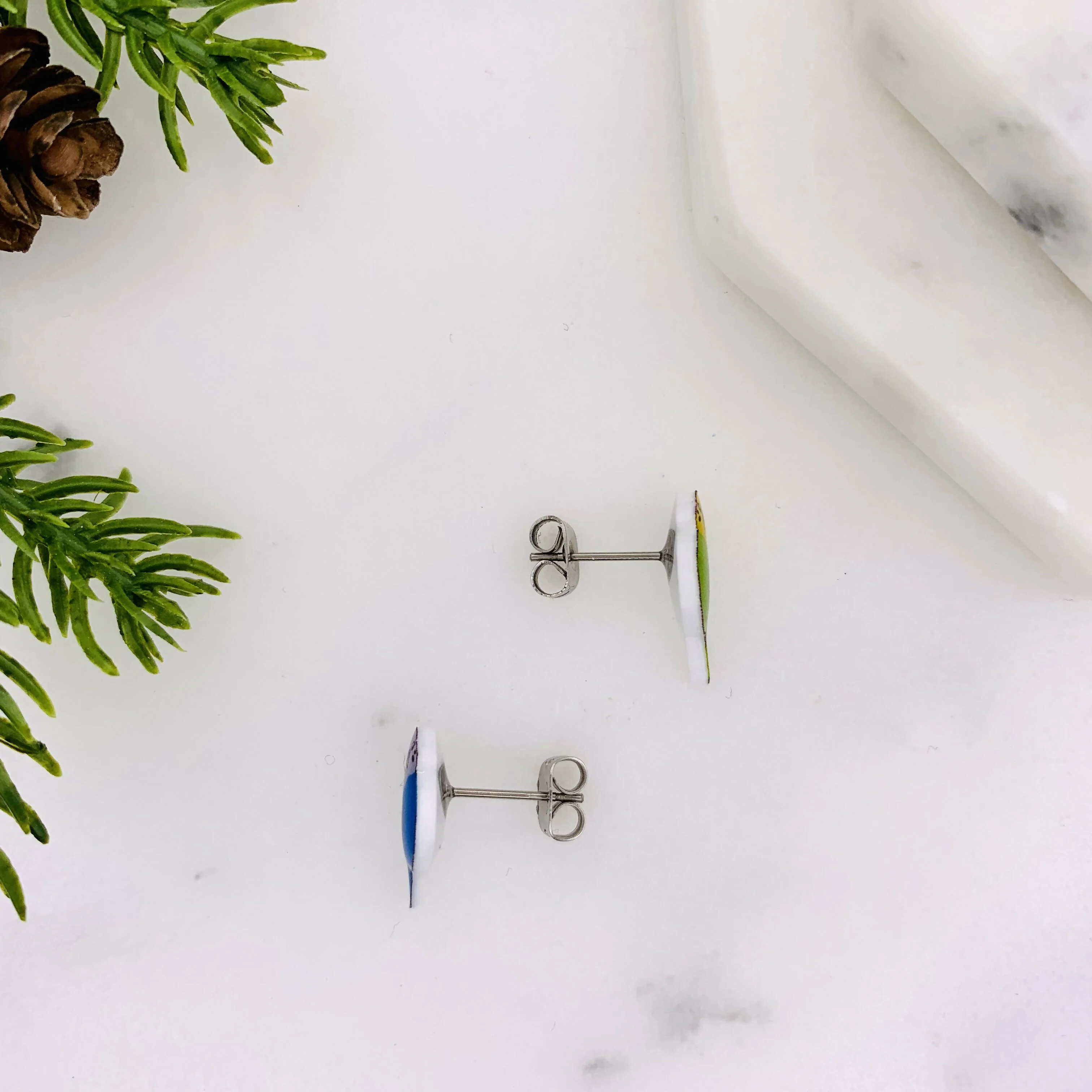 Mismatched Budgie Bird Stud Earrings - Image 4