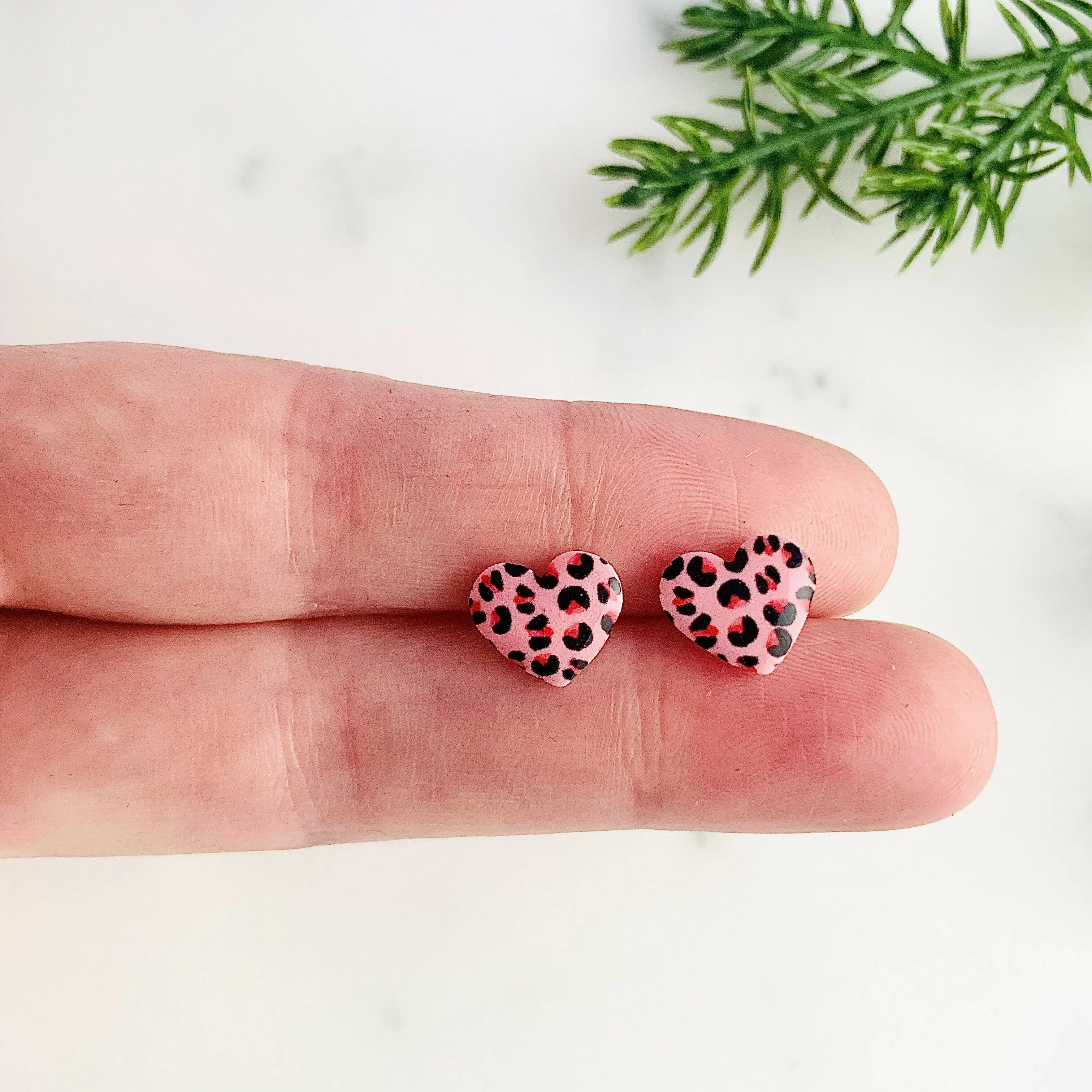 Pink leopard Print Heart Studs - Image 5