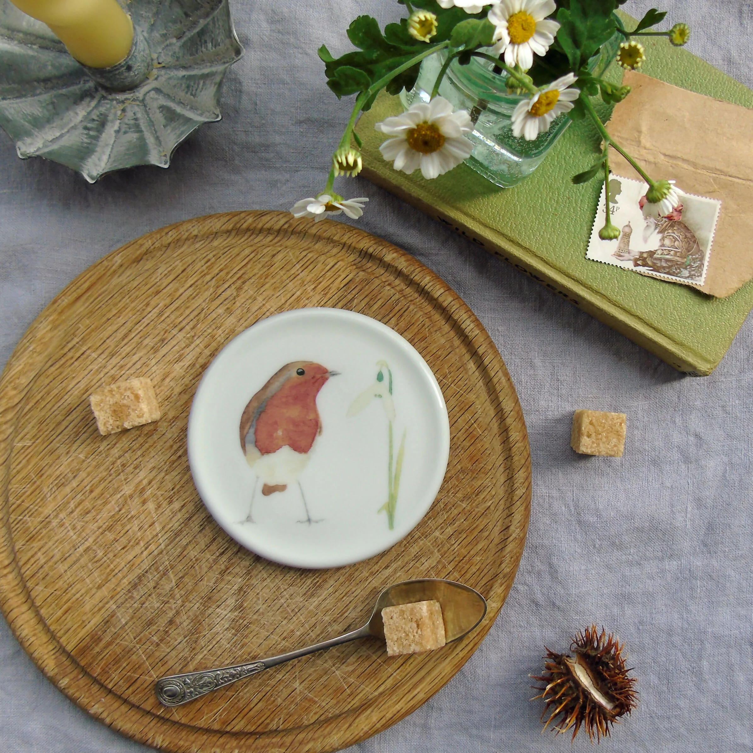Robin and snowdrop Bone China Coaster - Image 3