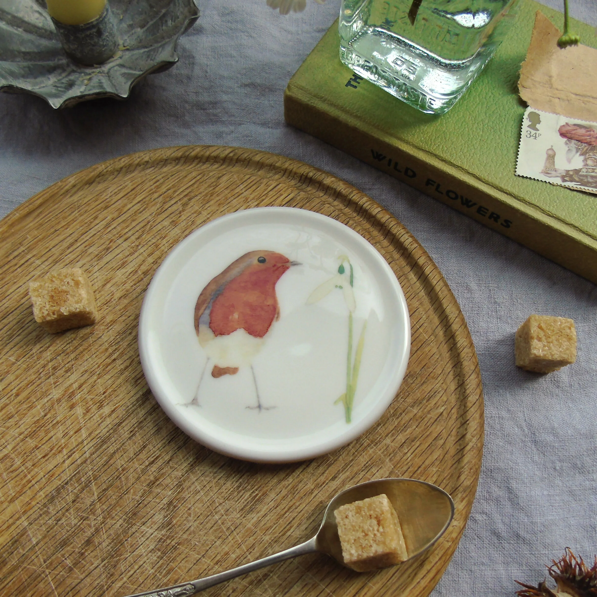 Robin and snowdrop Bone China Coaster - Image 4